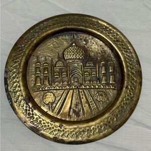 Vintage Decorative Gold Brass Plate with Architectural Design